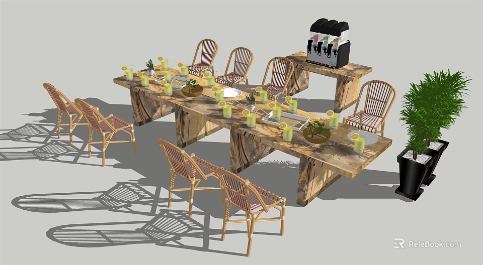 Rustic Wooden Outdoor Table With Rattan Chairs Candle Holders Fruit Bowls And Side Drink Station 3d model 