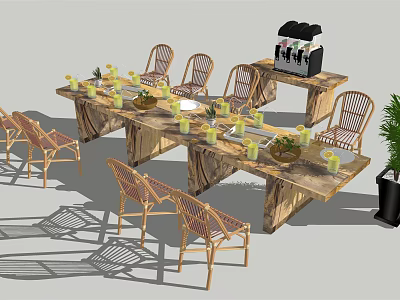 Rustic Wooden Outdoor Table With Rattan Chairs Candle Holders Fruit Bowls And Side Drink Station 3d model