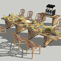 Rustic Wooden Outdoor Table With Rattan Chairs Candle Holders Fruit Bowls And Side Drink Station