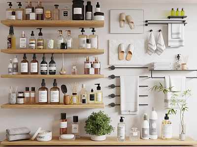 Organized Bathroom Storage Shelves With Cleaning Products Towels Slippers And Decorative Plants 3d model