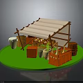 Outdoor Market Stall Scene With Wooden Structure White Canvas Roof Red Crates And Clay Pots