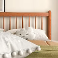 Natural Wood Double Bed With White Pillows Green Blanket And Children's Toys In Bright Room