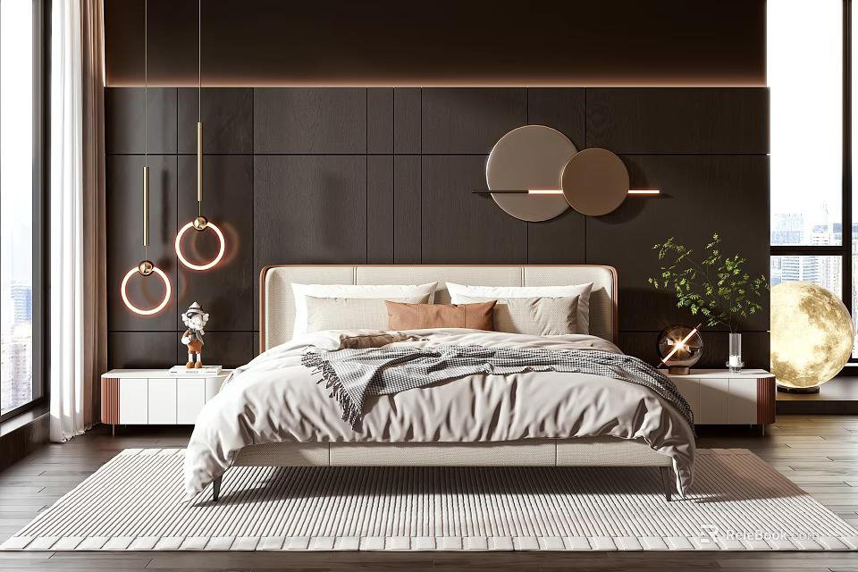Modern Bedroom Interior with Cream Colored Bed in Background Dark Wooden Wall and Circular Mirrors 3d model 