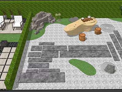 Courtyard Garden Design With Green Hedge Stone Slabs Rock Decorations And Gravel Ground 3d model