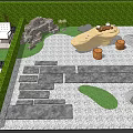 Courtyard Garden Design With Green Hedge Stone Slabs Rock Decorations And Gravel Ground