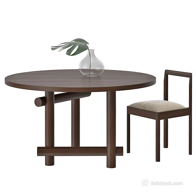 Round Dark Wood Dining Table Set with Wooden Chair and Decorative Vase 3d model 