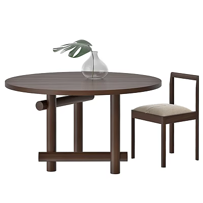 Round Dark Wood Dining Table Set with Wooden Chair and Decorative Vase 3d model