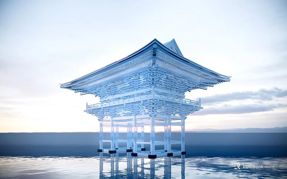Ancient Architectural Structure with Curved Eaves Standing Over Water and Reflection Under Sky 3d model
