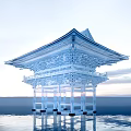 Ancient Architectural Structure with Curved Eaves Standing Over Water and Reflection Under Sky 3d model