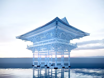 Ancient Architectural Structure with Curved Eaves Standing Over Water and Reflection Under Sky 3d model