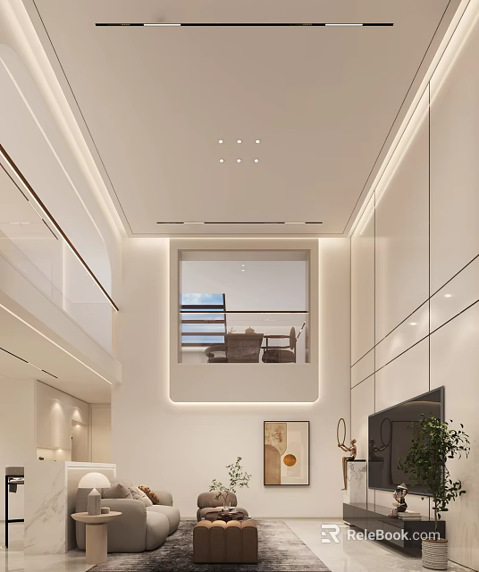 Modern Minimalist Basement With Double Height Space And Lighting 3d model