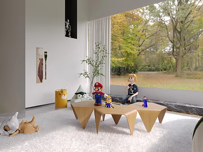 Modern Living Area With Toys Plush Rug And Autumn View 3d model