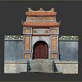 Traditional Chinese Architecture Model With Red Door Orange Roof Gray Walls And Steps