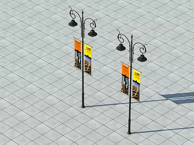 Decorative Outdoor Street Lights Mounted On Lamp Posts With Colorful Banners In Plaza Area 3d model