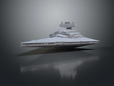 White Starship 3D Model With Complex Structure Multiple Decks Tower Gray Background And Bottom Reflection 3d model