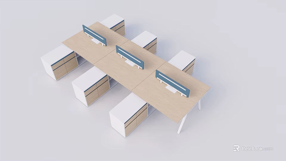 Modern Modular Office Desk With Blue Partitions And White Cabinets Setup 3d model