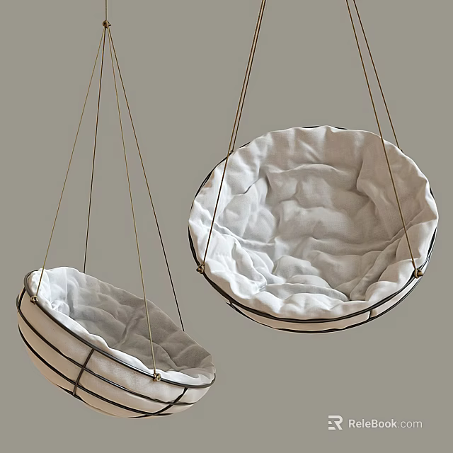 Two Stylish Hanging Chairs With White Fabric And Metal Frames 3d model 