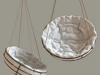 Two Stylish Hanging Chairs With White Fabric And Metal Frames 3d model
