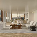 Modern Living Dining Room Interior With Large Window City Skyline And Sofa Set