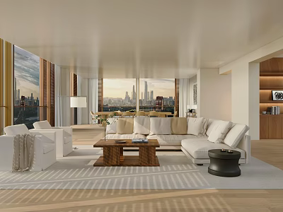 Modern Living Dining Room Interior With Large Window City Skyline And Sofa Set 3d model