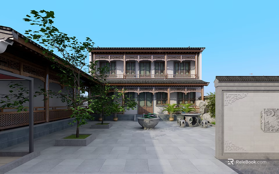 Traditional Chinese Garden Landscape Featuring Classical Architecture Courtyard Stone Pavement And Wooden Furniture 3d model 