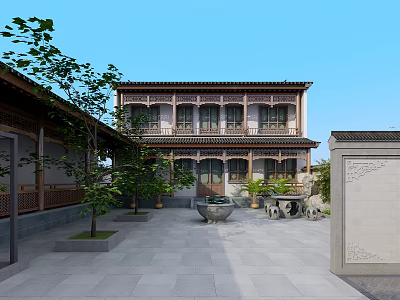 Traditional Chinese Garden Landscape Featuring Classical Architecture Courtyard Stone Pavement And Wooden Furniture 3d model