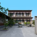 Traditional Chinese Garden Landscape Featuring Classical Architecture Courtyard Stone Pavement And Wooden Furniture