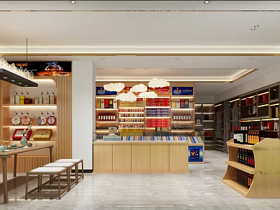 Modern Tobacco and Liquor Store Interior With Wooden Shelves Alcohol Bottles Display And Front Counter 3d model