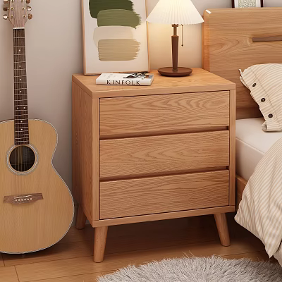 Wooden Bedside Nightstand With Table Lamp Book And Acoustic Guitar 3d model