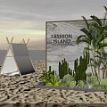 Fashion Lounge Garden Landscape with Cacti Palm Trees and Tent on Sand Beach by Ocean
