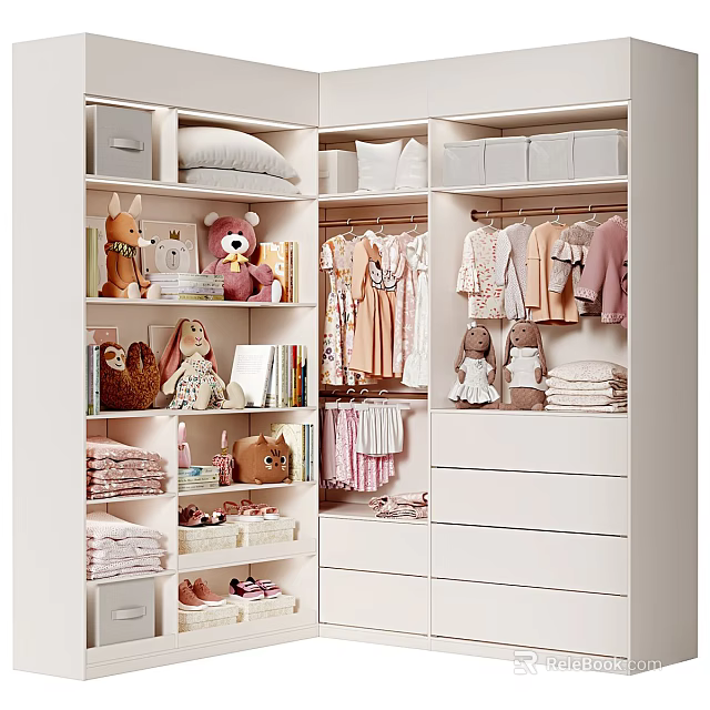 Organized Kids Closet Interior Design With Stuffed Dolls Folded Clothes Hanging Clothes And Shoes 3d model 