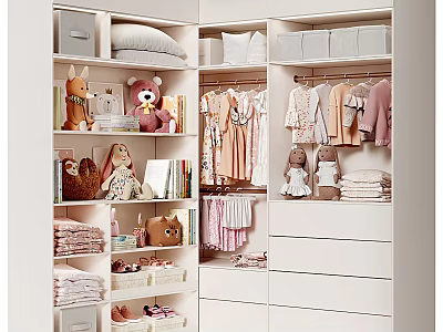 Organized Kids Closet Interior Design With Stuffed Dolls Folded Clothes Hanging Clothes And Shoes 3d model