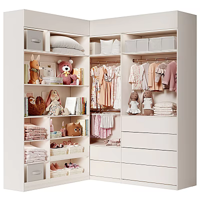 Organized Kids Closet Interior Design With Stuffed Dolls Folded Clothes Hanging Clothes And Shoes 3d model