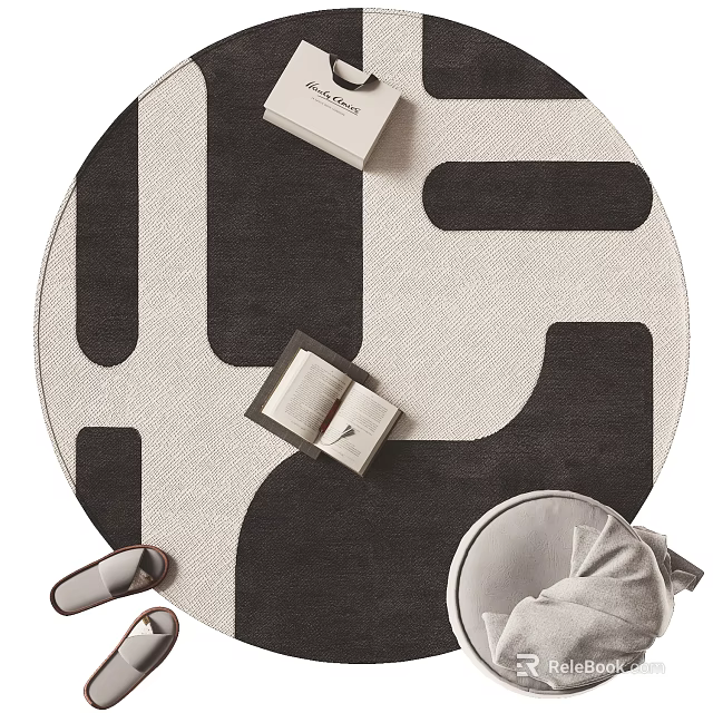 Modern Round Rug With Black And White Geometric Pattern And Decorative Items 3d model