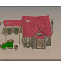 Cartoon Scene Cute Small House with Red Roof Tower Wooden Windows and Cart Wheel Decoration
