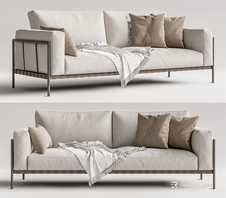 Beige Two Seater Sofa with Brown Cushions White Throw Blanket and Metal Legs Modern Minimalist 3d model 