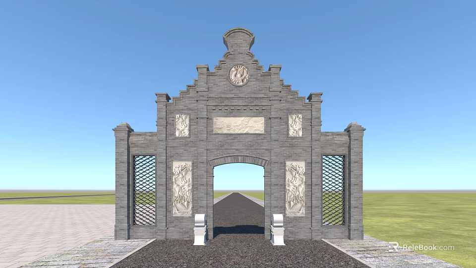 Ancient Stone Archway With Clock On Top Carved Panels And Lattice Doors 3d model 