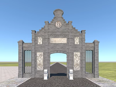 Ancient Stone Archway With Clock On Top Carved Panels And Lattice Doors 3d model