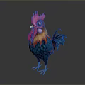 Colorful Rooster with Vibrant Red Comb Orange Feathers and Blue Body Standing on Dark Background