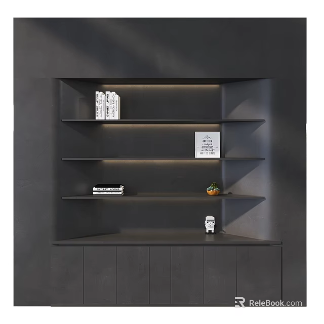 Modern Minimalist Gray Bookcase Interior Design With Floating Shelves Books Decorative Items And LED Lighting 3d model 