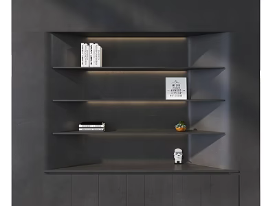 Modern Minimalist Gray Bookcase Interior Design With Floating Shelves Books Decorative Items And LED Lighting 3d model