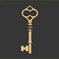 Golden Ornate Key With Intricate Handle Design On Dark Reflective Surface