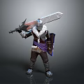 A Man in Armor Holding Large Sword and Shield With White Fur Collar and Purple Belt