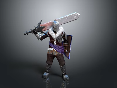 A Man in Armor Holding Large Sword and Shield With White Fur Collar and Purple Belt 3d model