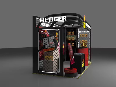 HI-TIGER Brand Exhibition Booth With Black Red Design Products On Shelves And Tire Decoration 3d model