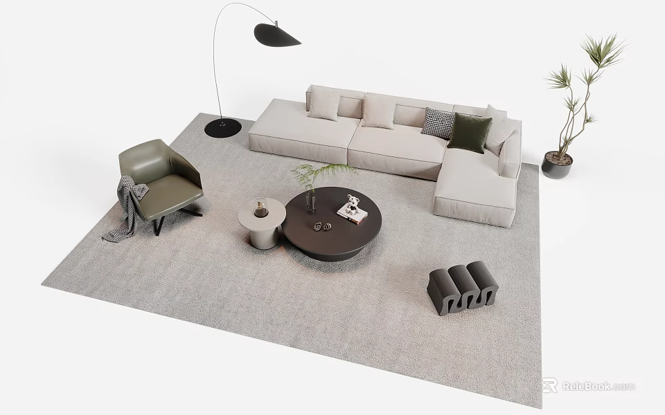 Modern Living Room Sofa Coffee Table Set With Beige Sectional Green Armchair And Floor Lamp 3d model 
