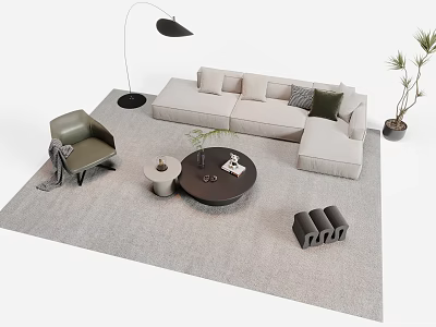 Modern Living Room Sofa Coffee Table Set With Beige Sectional Green Armchair And Floor Lamp 3d model