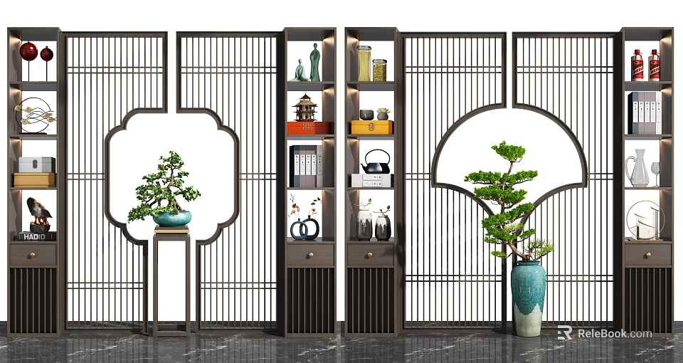Traditional Chinese Room Divider With Lattice Panels Shelves And Potted Plants 3d model 