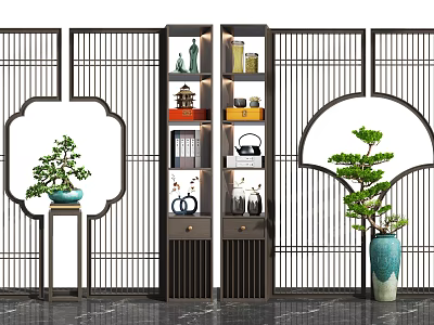 Traditional Chinese Room Divider With Lattice Panels Shelves And Potted Plants 3d model