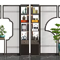 Traditional Chinese Room Divider With Lattice Panels Shelves And Potted Plants